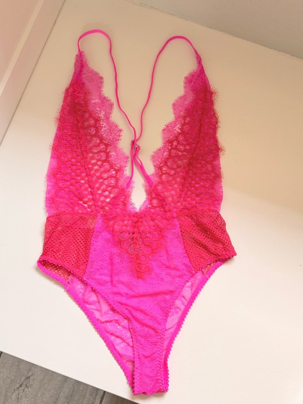 Victoria's Secret Hot Pink Lace Plunge Teddy